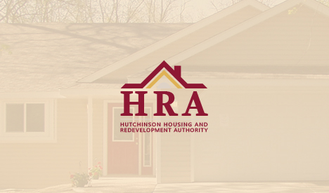 Logo of Hutchinson Housing and Redevelopment Authority (HRA) with a stylized house icon, centered over a faded background image of a residential home with siding and windows.