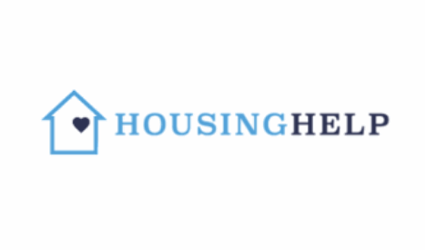Logo with a blue outline of a house containing a heart, followed by the words “HOUSING HELP” in blue and dark gray text.